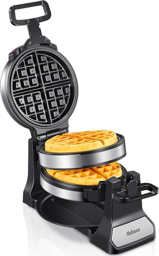 Belgian Waffle Maker, Classic Rotating Waffle Iron with Nonstick Plates, Removable Drip Tray and Cool Touch Handles, Double Flip Waffle, Rotating Belgium Waflera Maker by Yabano, Brushed Stainless