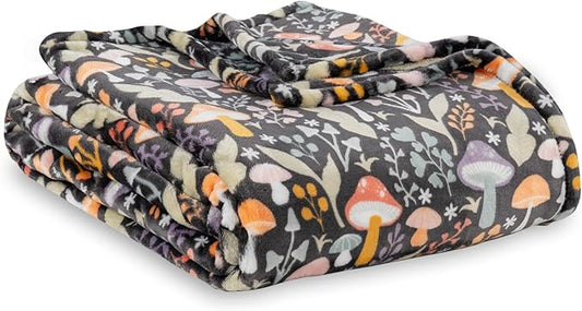 Berkshire Blanket-Classic Heavyweight Soft Printed VelvetLoft® Plush Blanket, Full/Queen Size Soft Fuzzy Warm Blanket for Couch Sofa Bed, Mushroom Cutie Charcoal, 90in x 90in