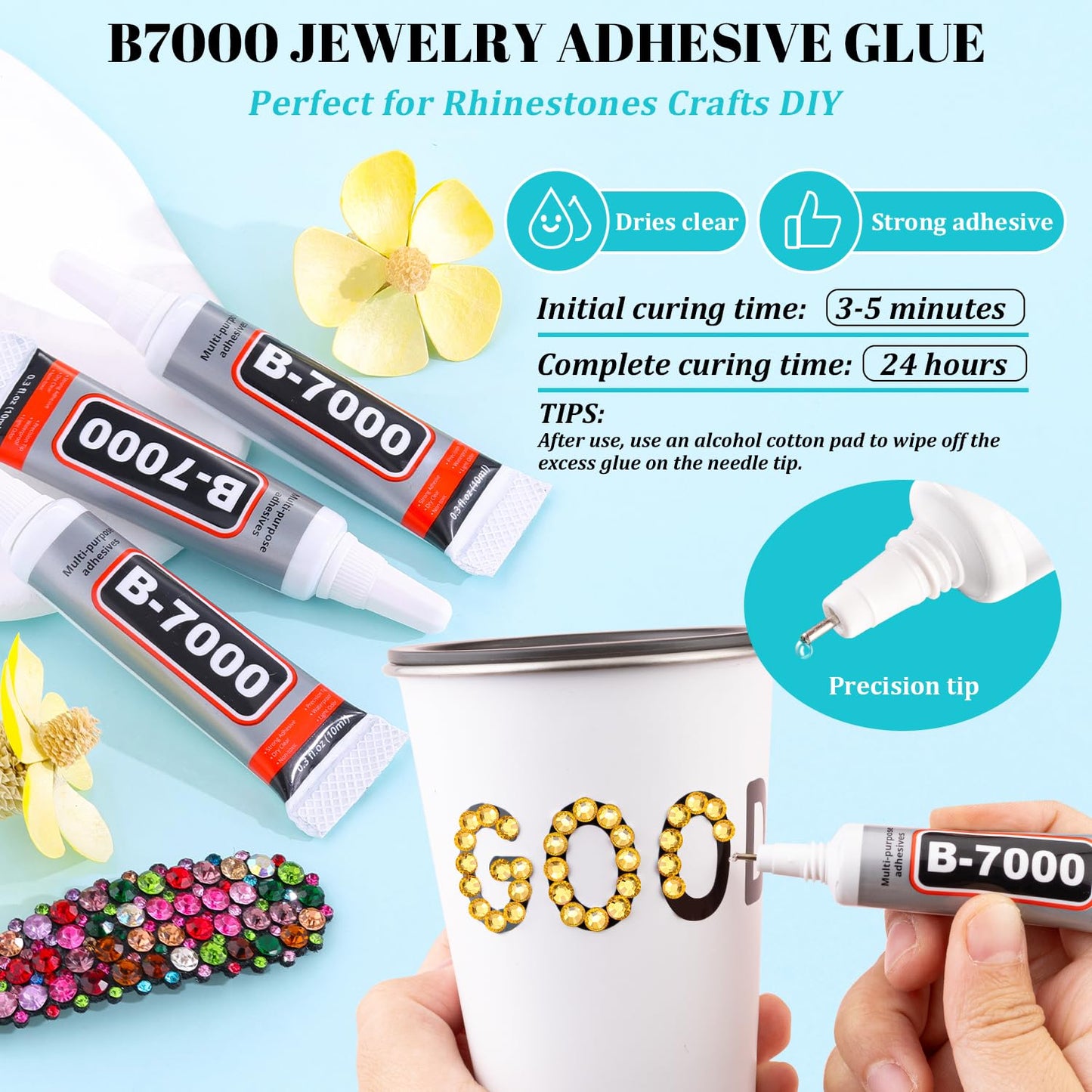 6100Pcs Resin Rhinestones for Crafting with 2Pcs 10ml B7000 Jewelry Glue, 1 Box Flatback Crystals Diamond (Golden Yellow) for Bedazzling Crafts DIY Nail Art, Gems for Clothing Shoes Tumblers