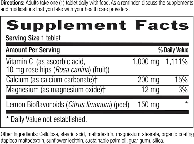 Country Life Buffered Vitamin C 1000mg with Bioflavonoids, Calcium, Magnesium, Potassium - Immune Support, Vegan Capsules, Gluten-Free, Gentle on Stomach - 100 Tablets