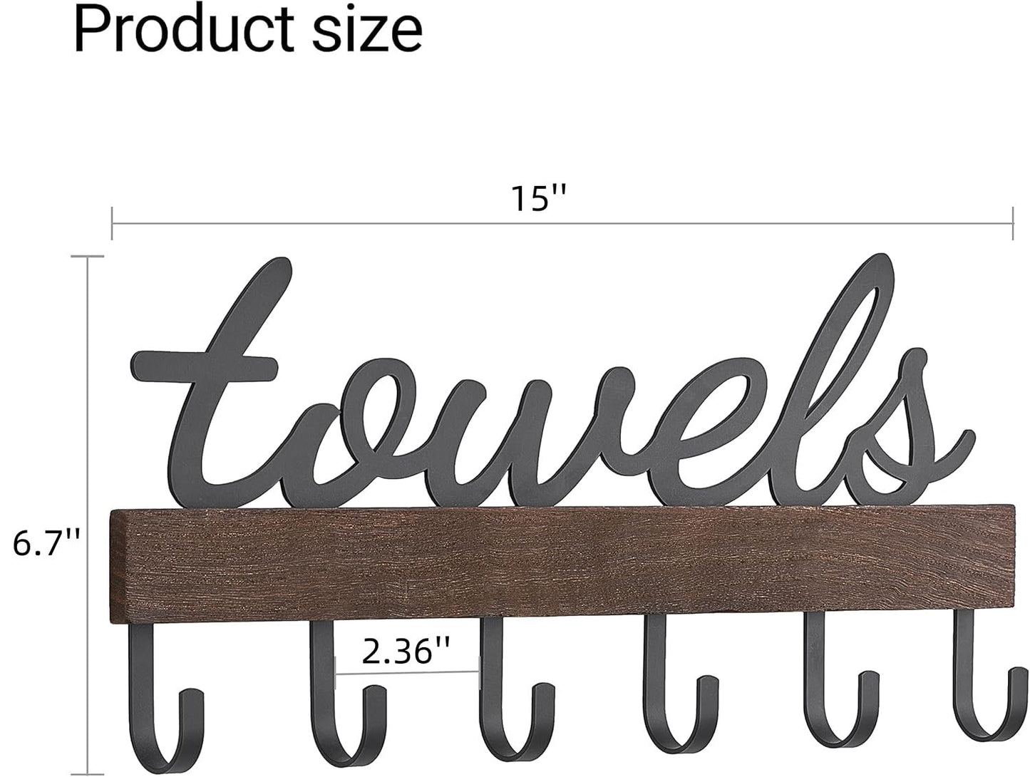 Dahey Towel Rack with 6 Hooks, Towel Holder Wall Mount Bathroom Organizer Rustic Farmhouse Home Decor Hanger Storage Hooks for Towel, Robe, Bag, Black
