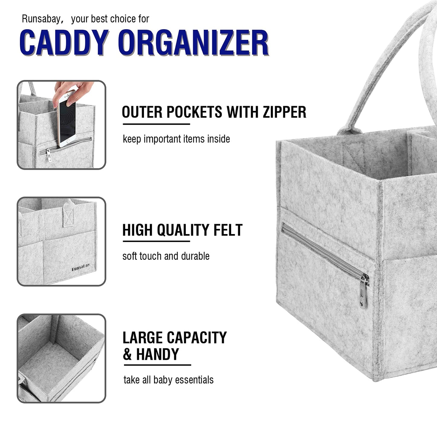 Runsabay Baby Diaper Caddy Organizer, Portable Baby Essentials Storage Basket Bin for Changing Table,Car Shower Basket for Newborn Boy and Girl, Best Shower Gift for New Mom
