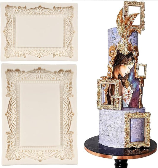Baroque Photo Frame Fondant Molds Picture Frames Silicone Mold Vintage Mirror Frame Molds for Cake Decoration Cupcake Topper Chocolate Candy Polymer Clay Gum Paste Set of 2