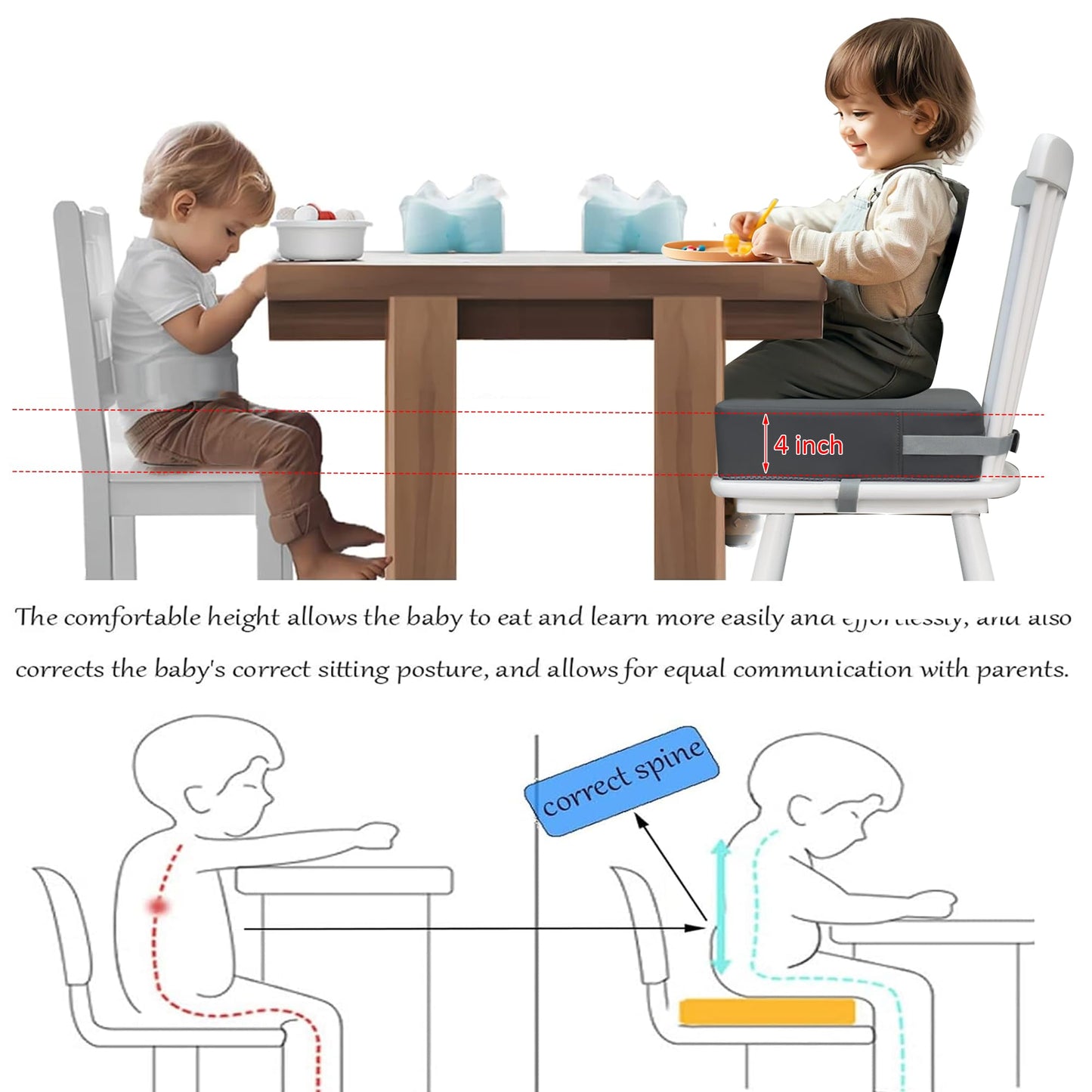 Eiury Booster Seat for Dining Table, PU Anti-Scratch Easy Cleaning Kids Toddler Booster Seat for Table, Portable Increasing Booster Cushion with Non-Slip Bottom and Adjustable Elasticity Straps