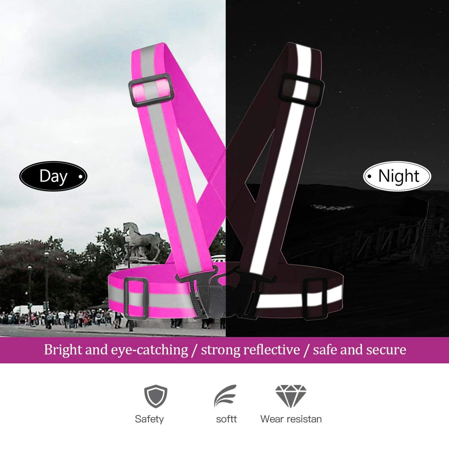 Awnuuw Reflective Vest Running Gear 3Pack, Adjustable Safety Vests High Visible Reflective Belt Straps for Night Running, Outdoor Cycling, Motorcycle, Dog Walking (Pink,Green,Black)