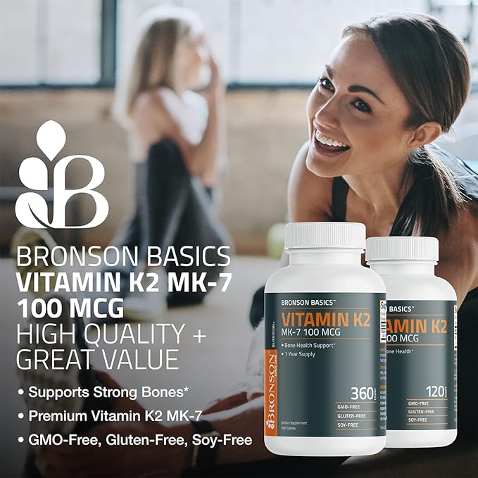 Bronson Vitamin K2 MK-7 100 MCG, K2 as MK7 Menaquinone, Bone Support 1 Year Supply, 360 Tablets