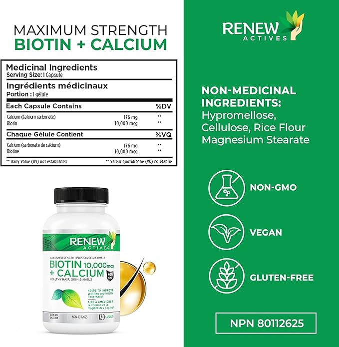 Renew Actives Biotin & Calcium 10000MCG per Serving – Supplements for Hair, Nail & Skin Care – Promotes Bone & Teeth Health – Helps Prevent Biotin Deficiency - Made in Canada – 120 Capsules