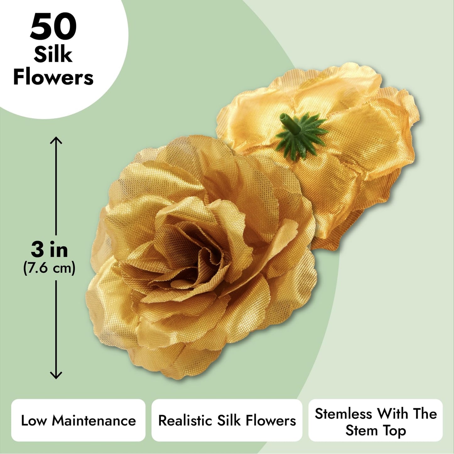 50 Pack Gold Roses Artificial Flowers Bulk, 3 Inch Stemless Fake Silk Roses for Decorations, Wedding, Faux Bouquets
