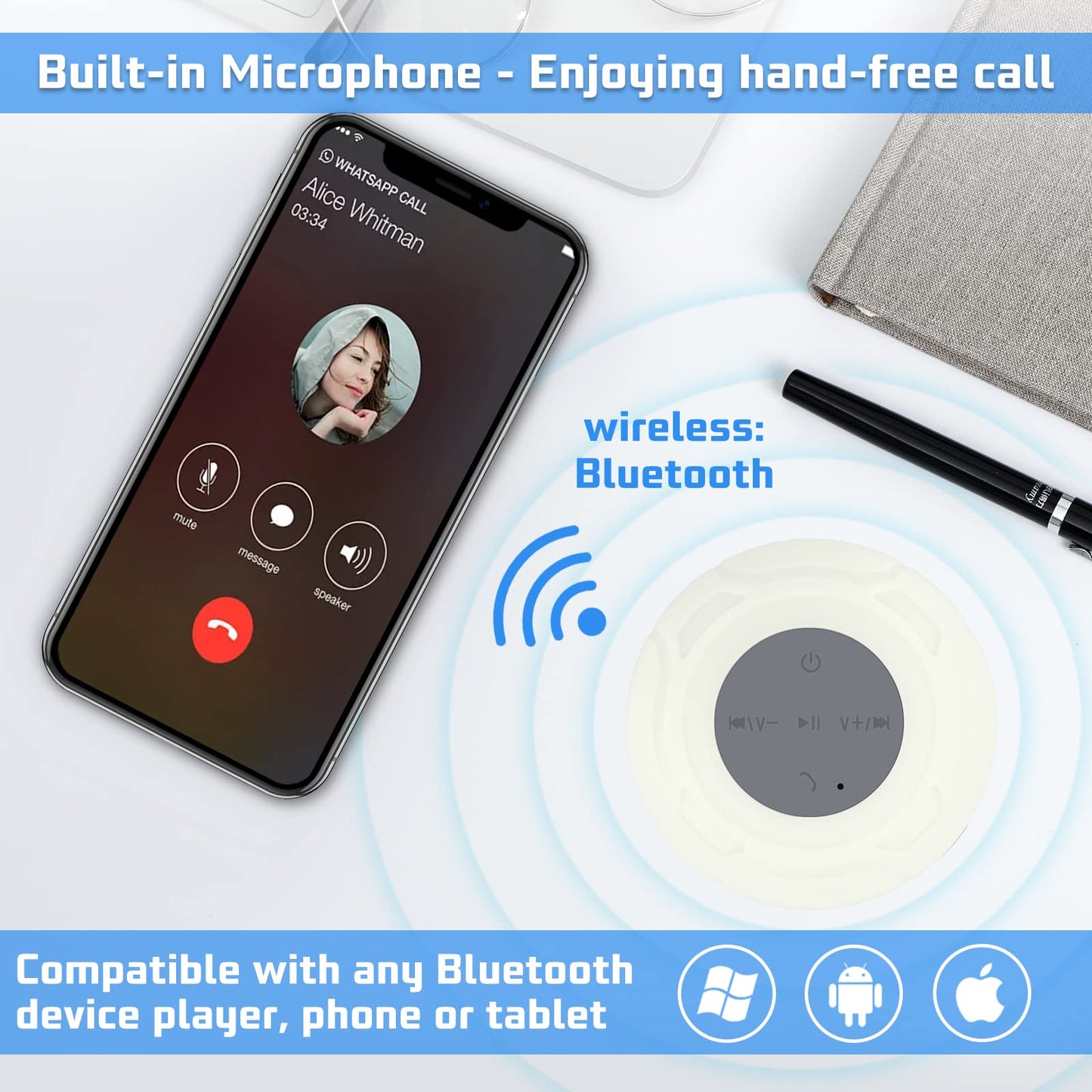 Annlend Waterproof Bluetooth Shower Speaker Portable Wireless Water-Resistant Speaker Suction Cup,Built-in Mic Gifts for Kids Speakerphone for iPhone Phone Tablet Bathroom Kitchen - White