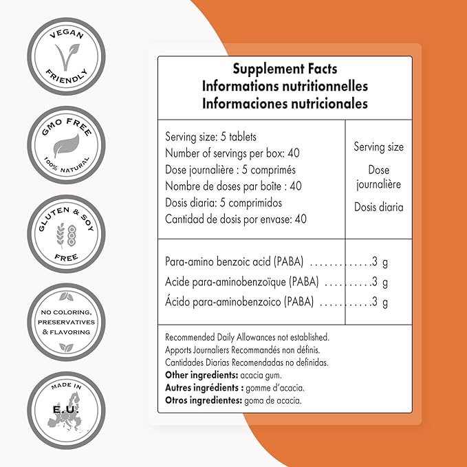Supersmart - PABA Supplement 3000mg per Day (para-AminoBenzoic Acid) - Natural B Complex Vitamin - Water Soluble PABA | Non-GMO & Gluten Free - 200 Tablets