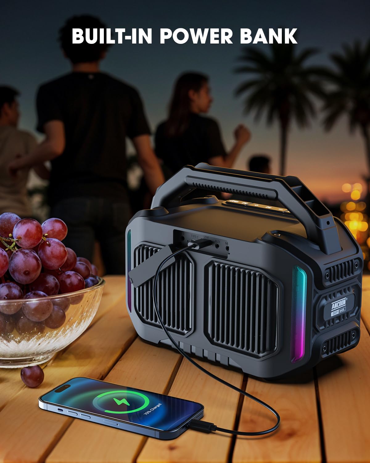 ANCOON Speakers Bluetooth Wireless: 80W(Peak) Loud Speaker with Bass, 20H Playtime, IPX6 Waterproof, Large Jobsite Speakers for Work, Outdoor, Workshop, Garage, Portable Speaker with TWS (Black)