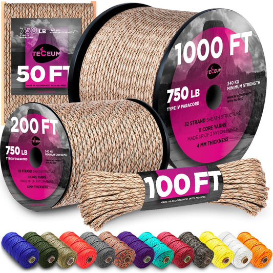 TECEUM Paracord Type IV 750 lb Desert Camo – 50 ft – 4mm – 100% Nylon Strong Tactical MIL–SPEC Parachute Cord – Survival Rope Emergency para Cord 11 Strands Core EDC Camping Hiking Military Gear 280a