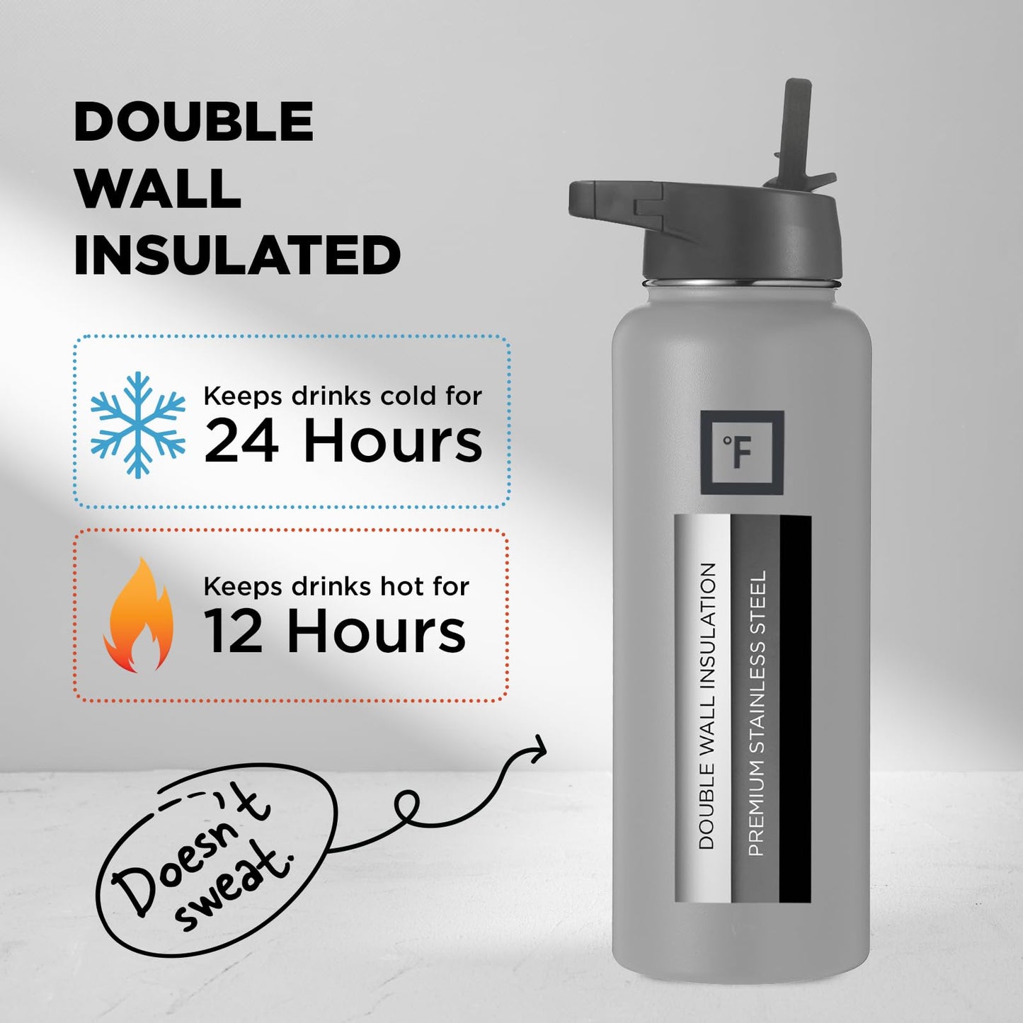 IRON °FLASK Camping & Hiking Hydration Flask, Wide Mouth, 3 Straw Lids, Stainless Steel Outdoor Water Bottle, Double Walled, Insulated Thermos, Metal Canteen - Graphite Slate, 40 Oz