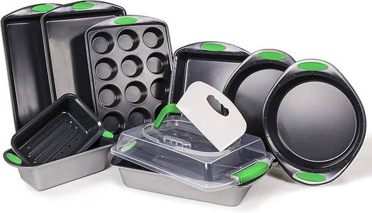 BergHOFF 11Pc Perfect Slice Bakeware Set, Covered Rectangle Cake Pan, Cookie Sheets, Muffin Pan, Loaf Pan, Round, Square and Rectangle Cake Pans, Slicer, Non Toxic, PFOA Free, Silver & Green