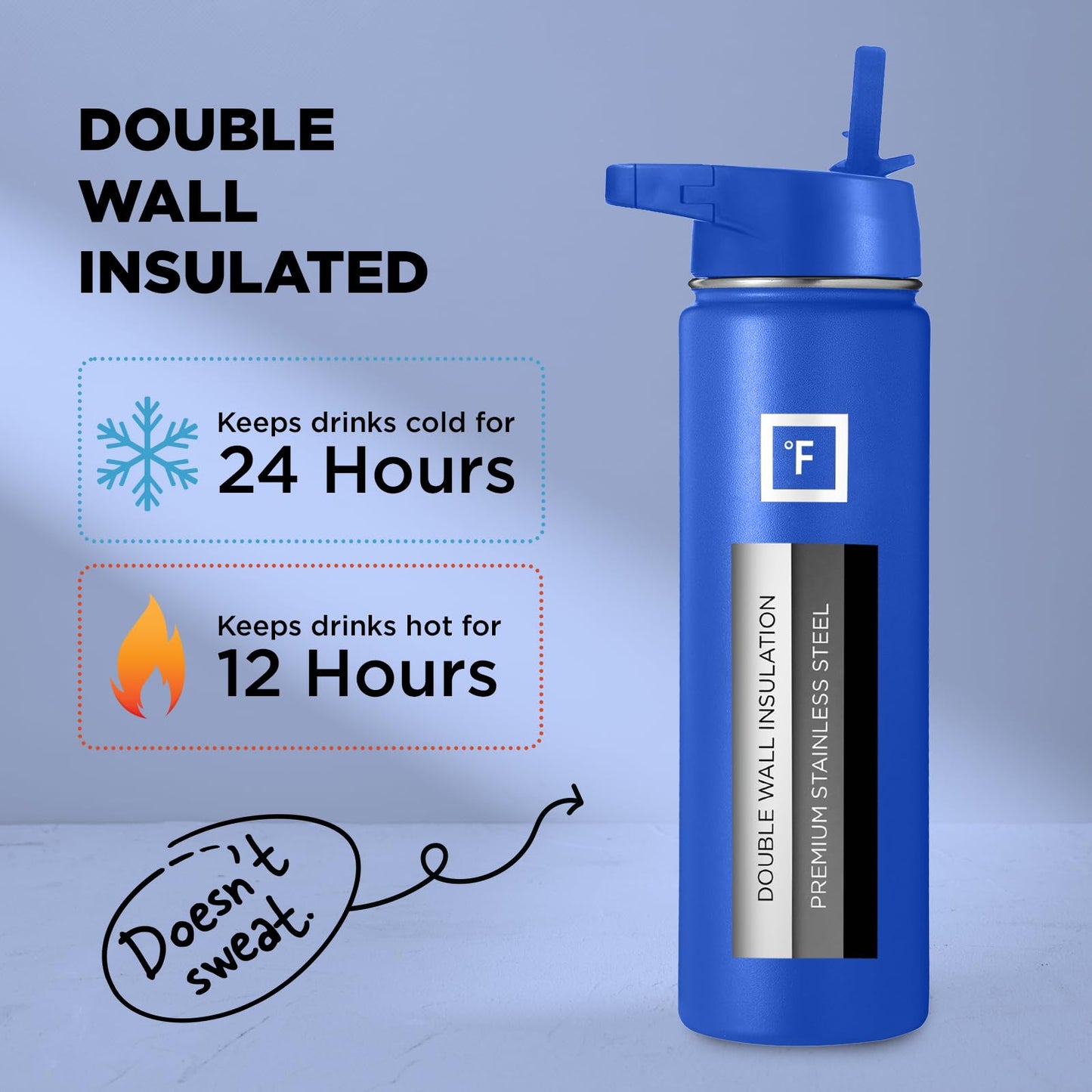 IRON °FLASK Camping & Hiking Hydration Flask, Wide Mouth, 3 Straw Lids, Stainless Steel Outdoor Water Bottle, Double Walled, Insulated Thermos, Metal Canteen - Cobalt, 18 Oz