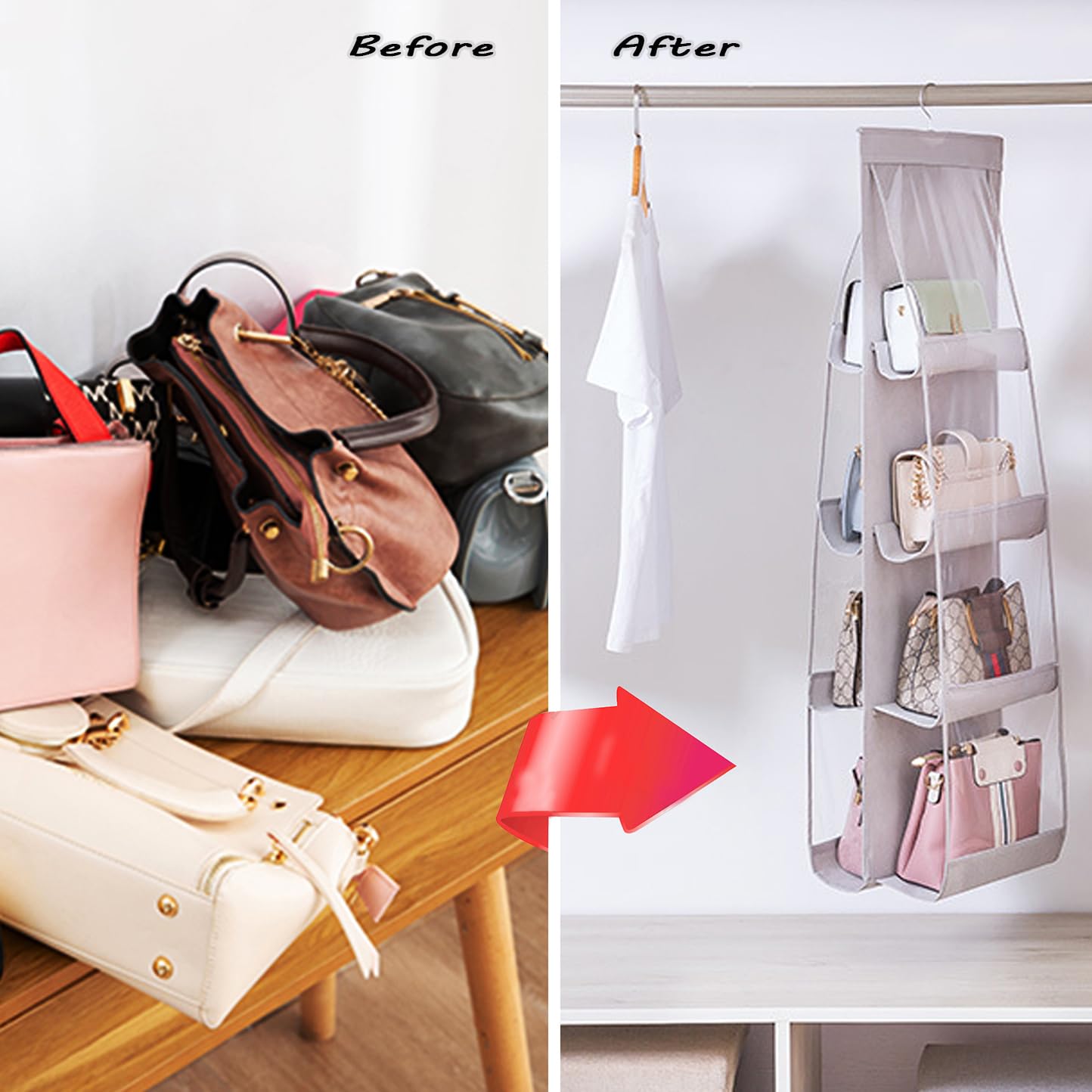 AARAINBOW 1 Pack Hanging Handbag Purse Organizer, Bags Organizor for Purse 8 Pockets Wardrobe Closet Space Saving Handbag Storage, 44.5L x 13.5W (B-Light Gray)