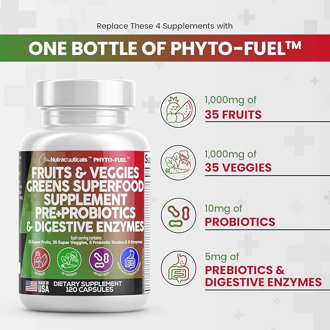 Clean Nutraceuticals Fruits and Veggies Supplement Reds & Green Superfood - Balance of Over 70 Fruit & Vegetable Supplements Capsules with Probiotics Prebiotics Digestive Enzymes - 5Pack