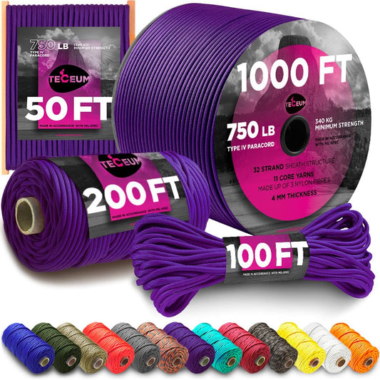 TECEUM Paracord Type IV 750 lb Indigo – 50 ft – 4mm – 100% Nylon Strong Tactical MIL–SPEC Parachute Cord – Survival Rope Emergency Para Cord 11 Strands Core EDC Camping Hiking Military Gear 032a