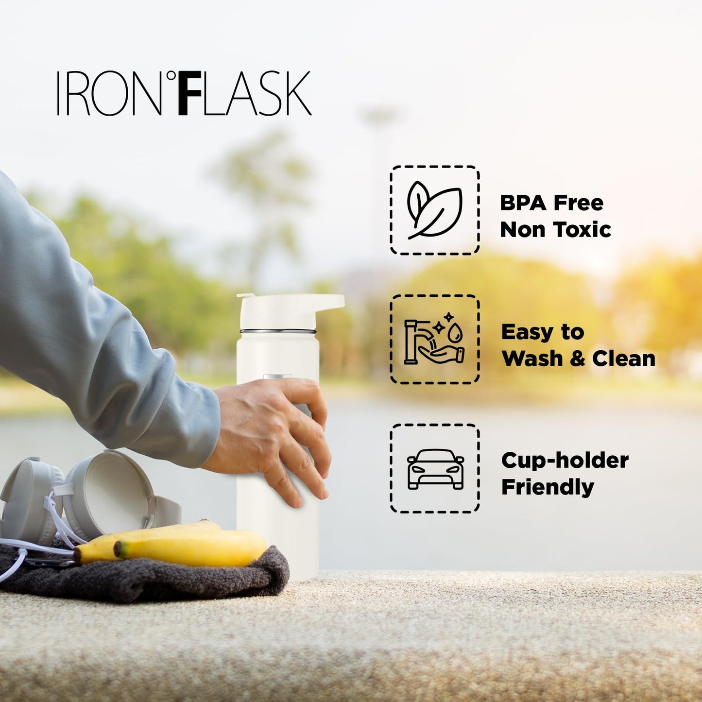 IRON °FLASK Camping & Hiking Hydration Flask, Wide Mouth, 3 Straw Lids, Stainless Steel Outdoor Water Bottle, Double Walled, Insulated Thermos, Metal Canteen - Cashmere Cream, 18 Oz