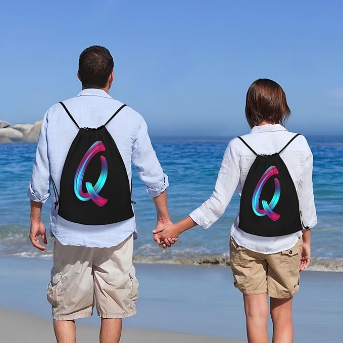 Drawstring Bags Initial Drawstring Backpack Sackpack Black Draw String Cinch Bags for Sports, Gym, Travel, Swimming, Beach, Camping, Rainbow Letter Q