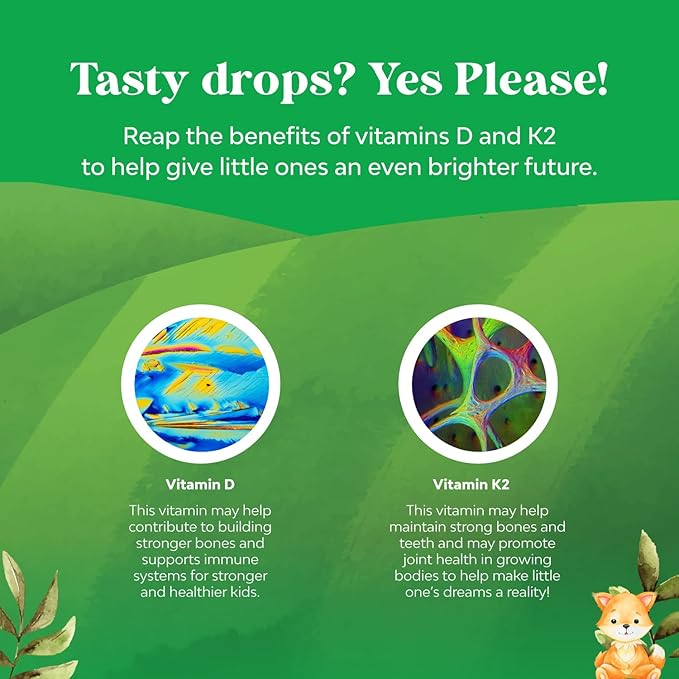 Natures Craft Kids Vitamin D3 K2 Drops - Organic Vitamin D for Kids for Strong Bones & Joints - Infants, Babies & Toddler Immune Support Drops Liquid Supplement - 60 ml Bottle