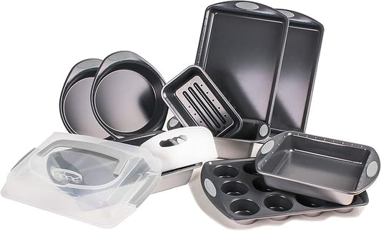 BergHOFF 11Pc Perfect Slice Bakeware Set, Covered Rectangle Cake Pan, Cookie Sheets, Muffin Pan, Loaf Pan, Round, Square and Rectangle Cake Pans, Slicer, Silver & Silver