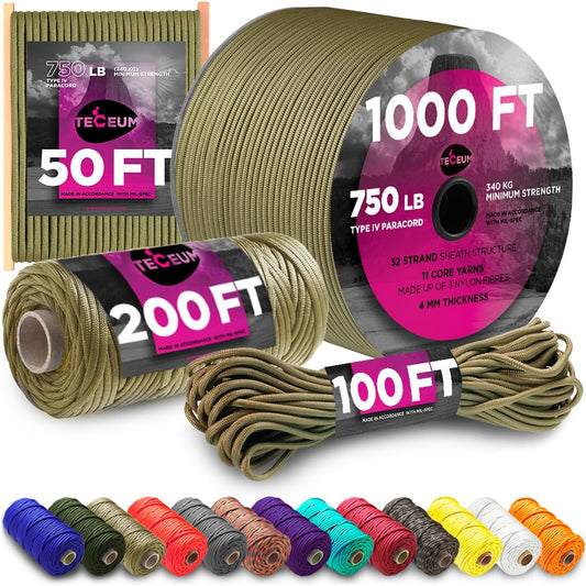 TECEUM Paracord Type IV 750 lb Coyote Brown – 50 ft – 4mm – 100% Nylon Strong Tactical MIL–SPEC Parachute Cord – Survival Rope Emergency Para Cord 11 Strands Core EDC Camping Hiking Military Gear 012a
