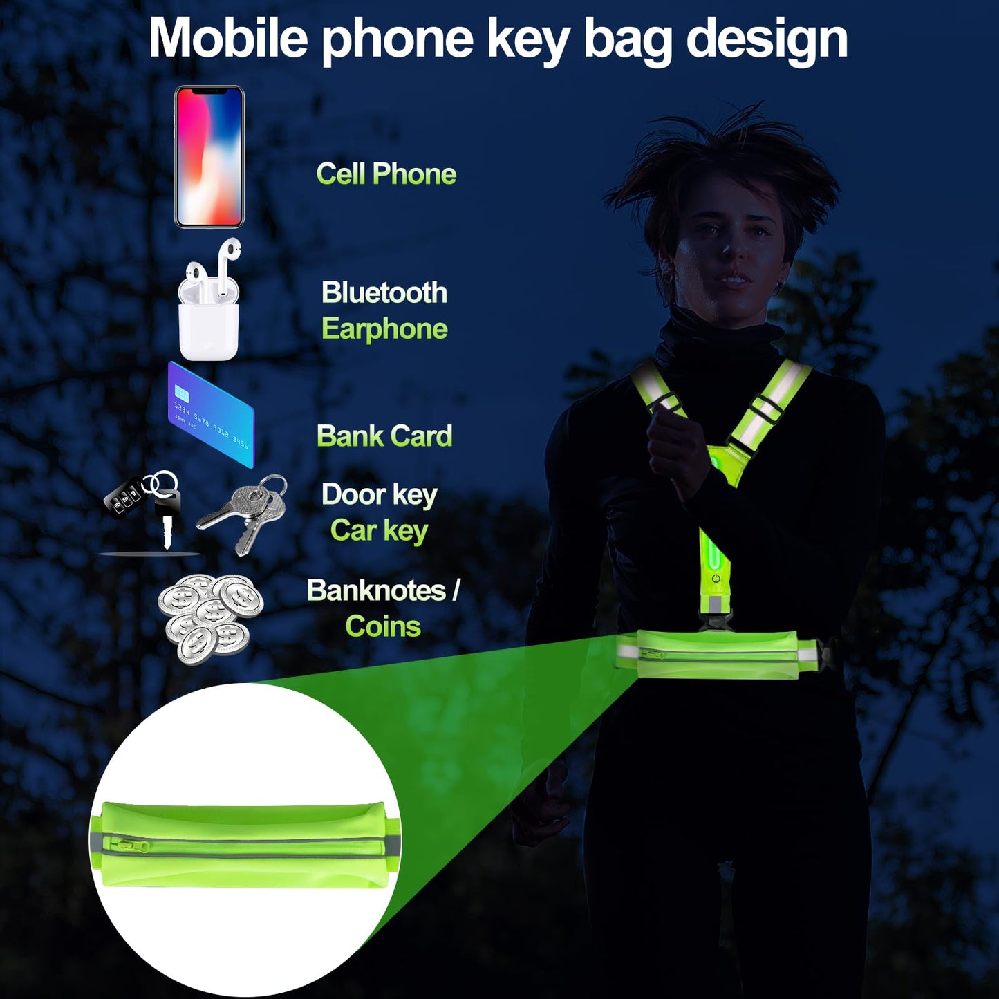 TRAYIU LED Reflective Vest Running Gear - USB Rechargeable Light Up High Visibility Vest with Waterproof Storage Bag for Walking Bike Night Worker,Adjustable Belt for Men Women Kids