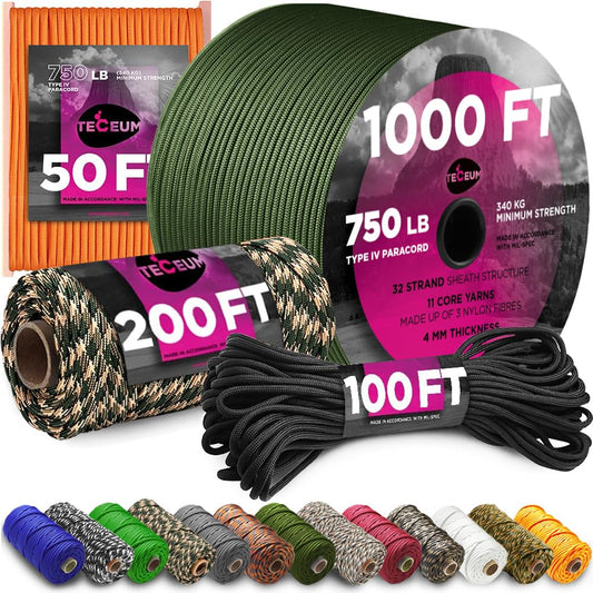 TECEUM Paracord Type IV 750 lb Black 016 – 50 ft – 4mm – 100% Nylon Strong Tactical MIL–SPEC Parachute Cord – Survival Rope Emergency para Cord 11 Strands Core EDC Camping Hiking Military Gear 016a n