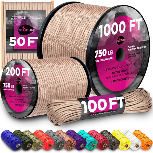 TECEUM Paracord Type IV 750 lb Beige – 50 ft – 4mm – 100% Nylon Strong Tactical MIL–SPEC Parachute Cord – Survival Rope Emergency Para Cord 11 Strands Core EDC Camping Hiking Military Gear 366a