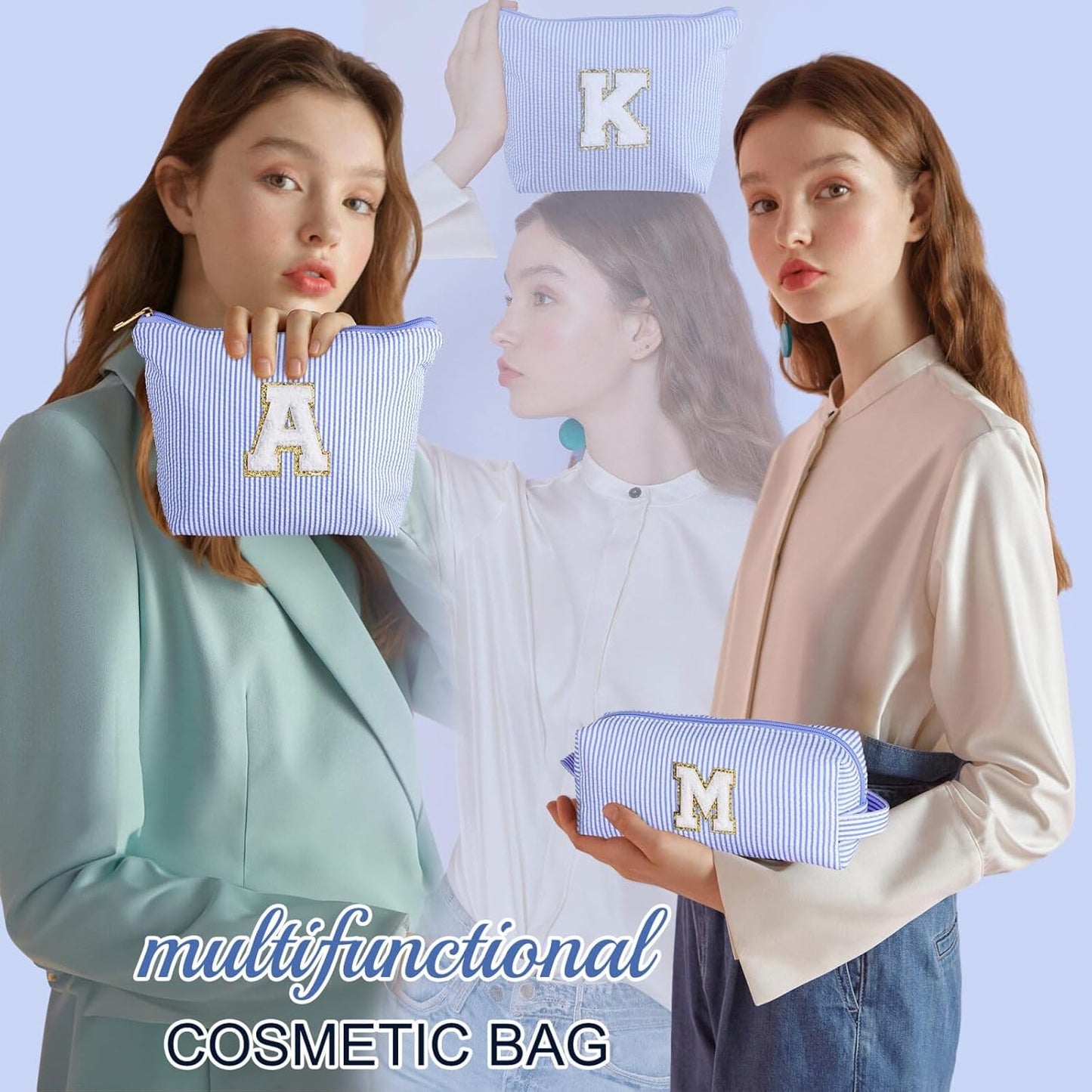 YOOLIFE Cute What Makes Up Bag - Blue Cotton Travel Essentials Cosmetic Beauty Graduation Engagement Personalized Thank You Gift For Women, Friend, Sister