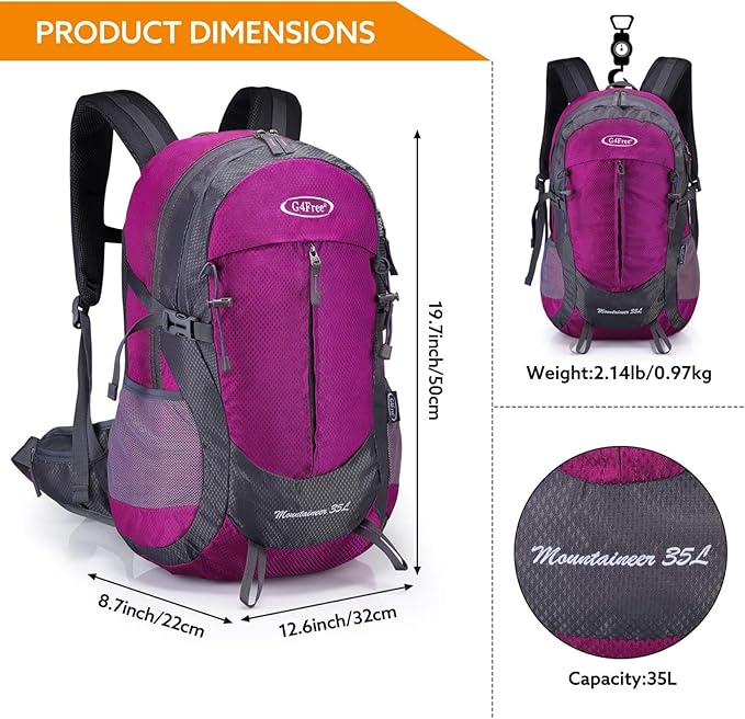 G4Free 35L Hiking Backpack Water Resistant Outdoor Sports Travel Daypack Lightweight with Rain Cover for Women Men(Rose Red)