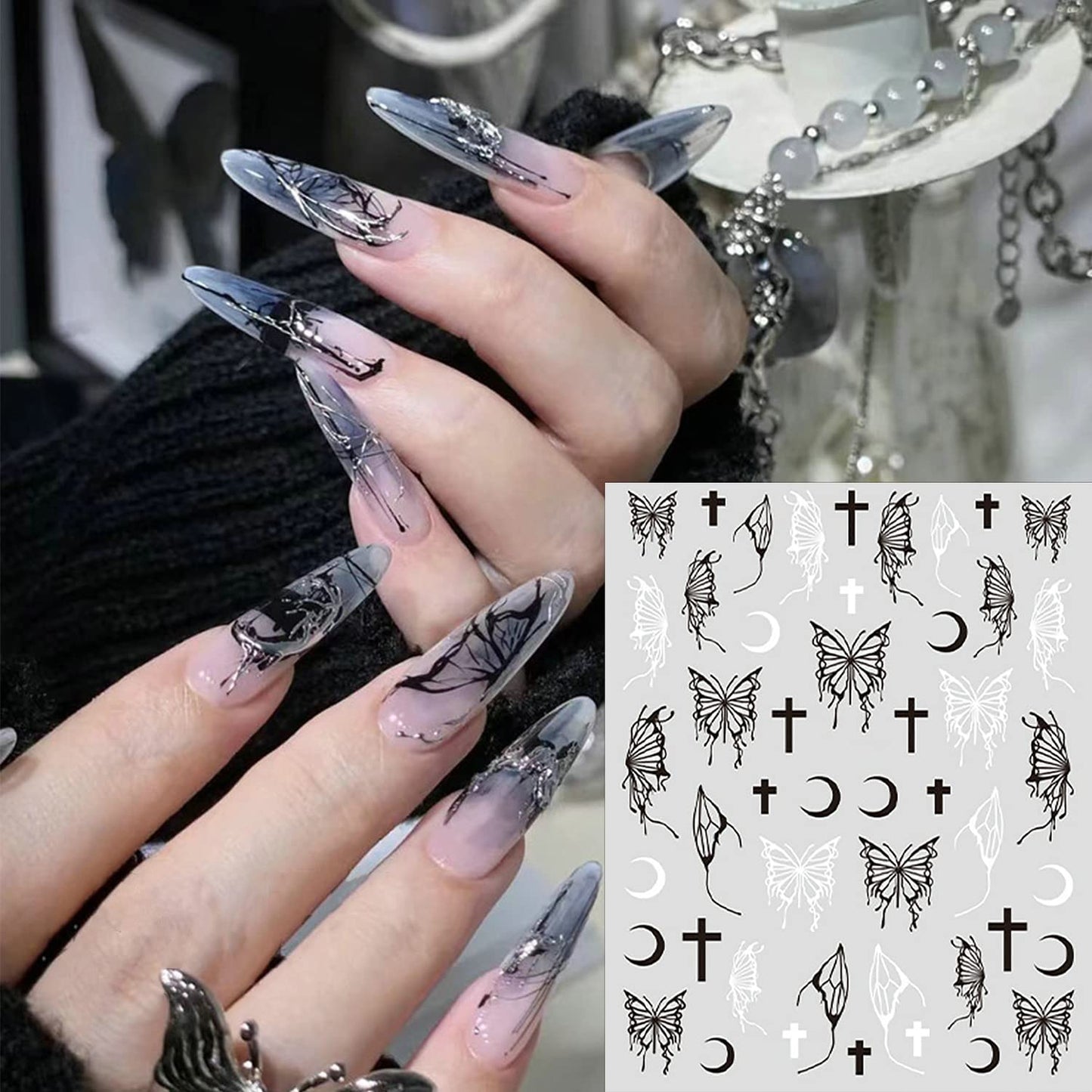 SILPECWEE 6 Sheets Butterfly Nail Stickers - 3D Nail Art Decals, Metallic Silver Aurora Retro Designs, Self-Adhesive Manicure Stickers