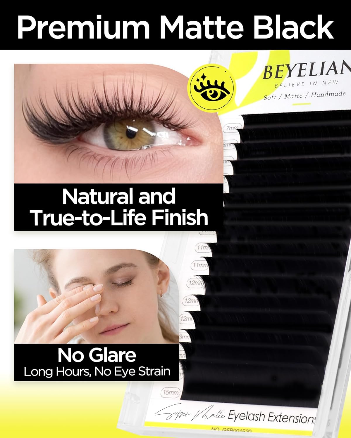 BEYELIAN Eyelash Extension Natural Matte Black 0.07 C Curl 7-15mm Mixed Tray Easy Fan Lash Extensions Volume Lashes100°/212°F High Temperature Resistant Classic Professional Use (0.07 C 7-15mm Mix)