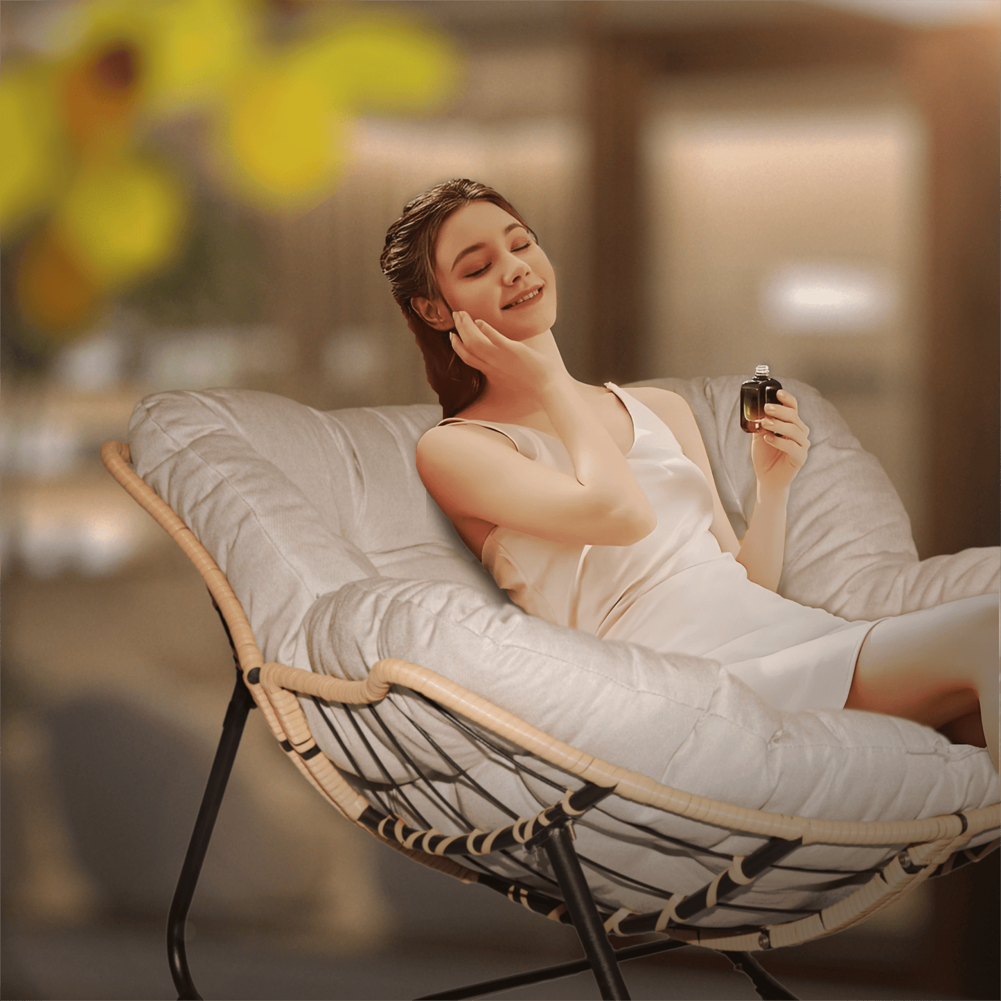 Rocking Chairs Outdoor Rocking Chair, Patio Egg Rocking Chair, Indoor Papasan Chair, Rattan Wicker Lounge Chair, Modern Royal Chair for Bedroom, Living Room, Porch, Garden,Lawn-Beige,Wooden Rocking C