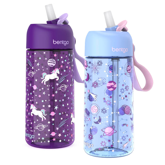 Bentgo Kids Water Bottle 2-Pack - Leak-Proof, Durable Tritan™, BPA-Free 15 oz Cup for Kids/Toddlers 3+; Flip-Up Straw; Dishwasher Safe for School/Sports/Daycare/Camp (Unicorn/Lavender Galaxy)