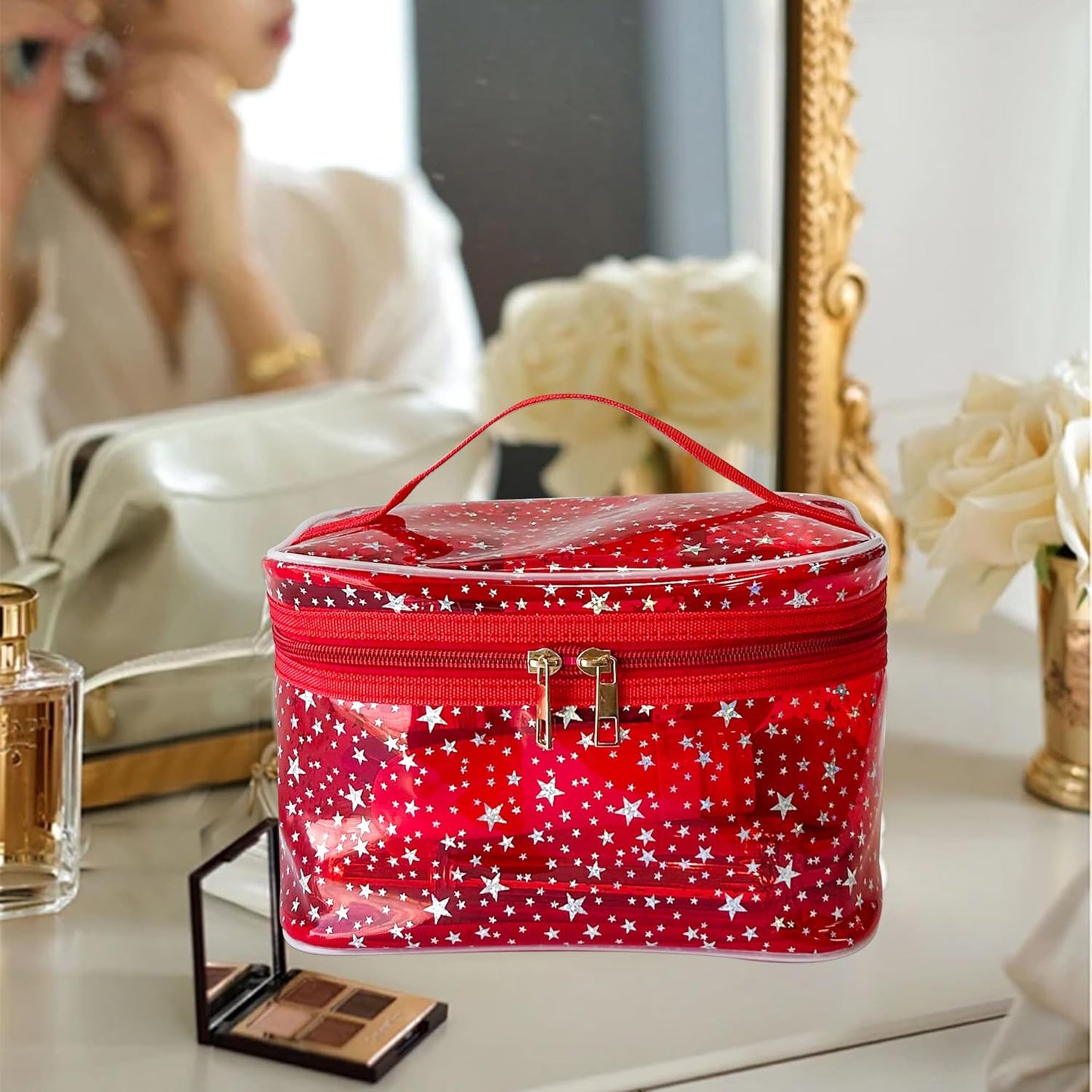 Holographic Makeup Bags Bulk,Clear Storage Bag Toiletry Pocket Portable Zippered Iridescent Pouch Waterproof Cosmetic Gift Bags for Women (White-L)