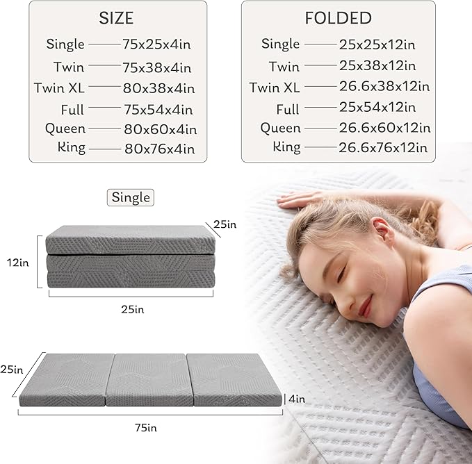MLILY Tri-Fold Memory Foam Mattress, 4 inch King Folding Mattress with Collapsible and Washable Cover, Travel and Guest Mat, 80"×76"×4", Grey