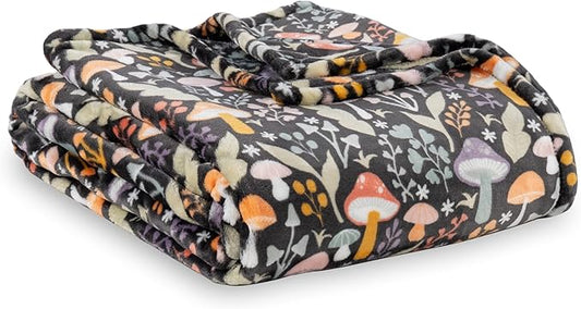 Berkshire Blanket-Classic Heavyweight Soft Printed VelvetLoft® Plush Throw Blanket, Cozy and Fuzzy, Mushroom Cutie Charcoal, 50in x 70in