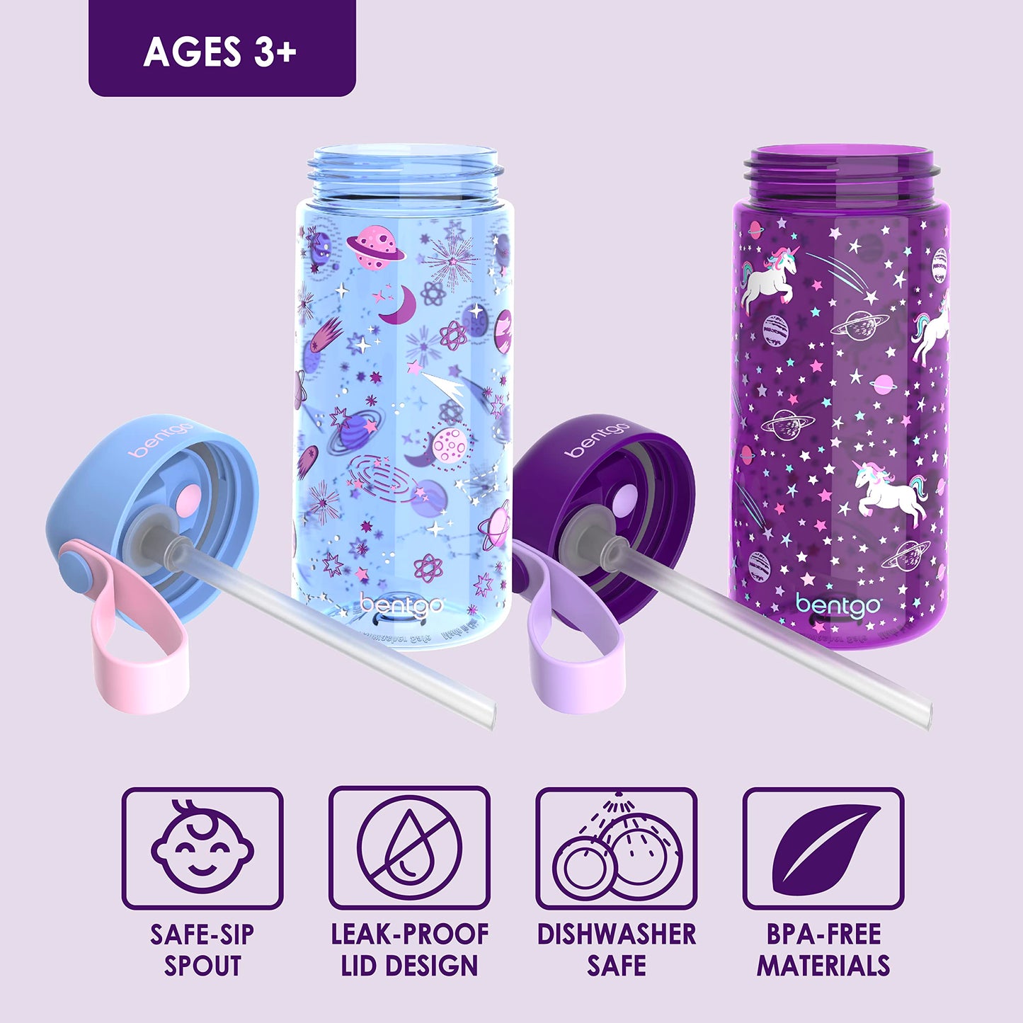 Bentgo Kids Water Bottle 2-Pack - Leak-Proof, Durable Tritan™, BPA-Free 15 oz Cup for Kids/Toddlers 3+; Flip-Up Straw; Dishwasher Safe for School/Sports/Daycare/Camp (Unicorn/Lavender Galaxy)