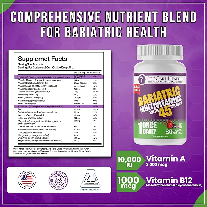 Procare Health Bariatric Multivitamin with Iron 45mg Chewable (30 Tablets) - Fruit Punch Flavor Bariatric Multivitamin Chewable Pills for Gastric Bypass & Sleeve Gastrectomy Patients (01 Month Supply)
