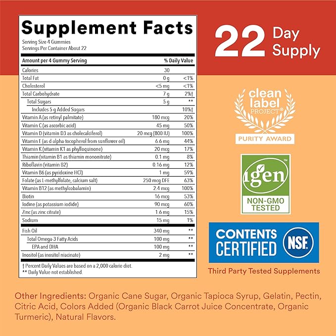 SmartyPants Kids Multivitamin Gummies: Omega 3 Fish Oil (EPA/DHA), Vitamin D3, C, Vitamin B12, B6, A, K & Zinc for Immune Support, Biotin, Gluten Free, Three Fruit Flavors, 90 Count (22 Day Supply)