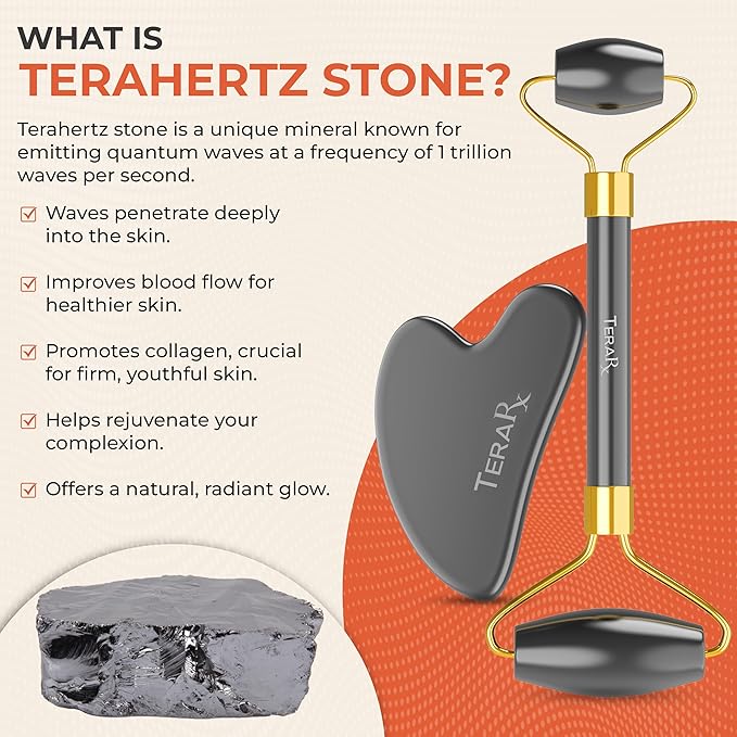 Terahertz Gua Sha & Facial Roller Set – 100% Authentic Terahertz Stone Face Roller to Reduce Puffiness, Improve Wrinkle Lines & Relieve Facial Tension – Perfect for Eye Massage and Relaxation