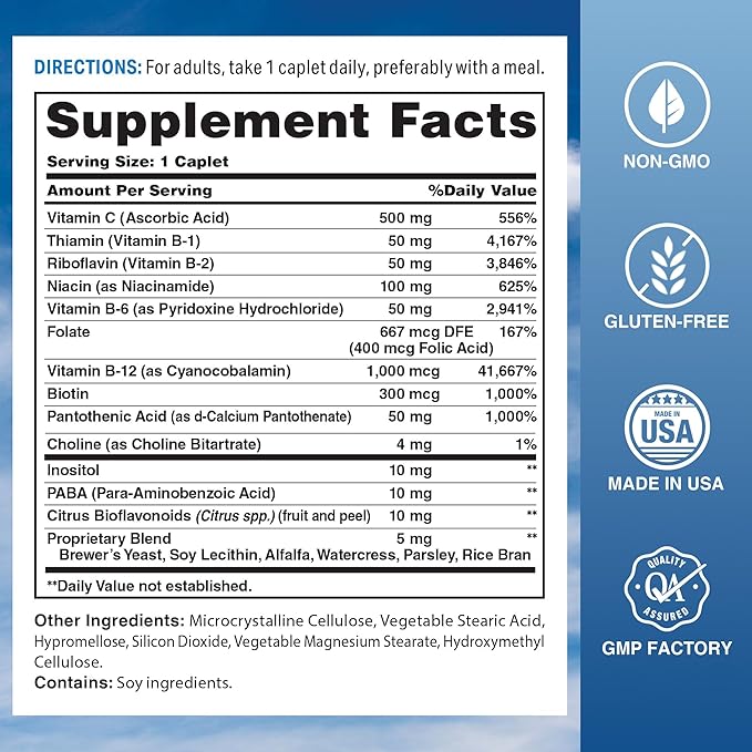 Vitamin World Stress Vitamin B Complex with Vitamin C, Timed Release High-Potency Vitamin B6, B12, Niacin, Folate & Biotin for Stress, Energy, Metabolism & Immune Support, Non-GMO, 120 Caplets