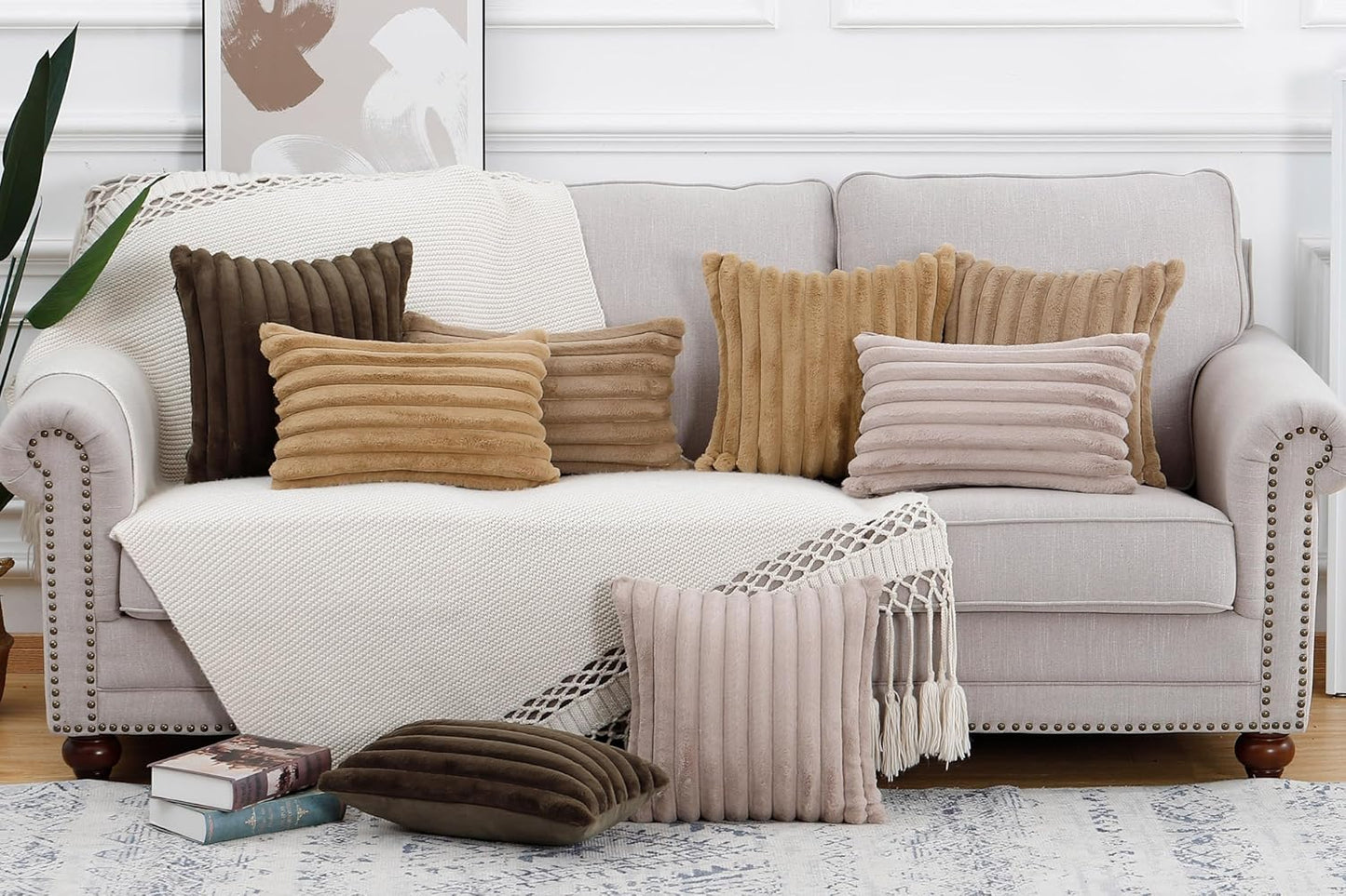 MADIZZ Set of 2 Faux Wool Plush Decorative Throw Pillow Covers 16x16 Inch Camel Fluffy Striped Soft Decorative Cushion Cover for Sofa Bedroom Pillow Shell