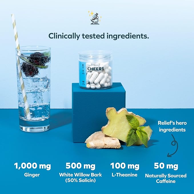 Cheers Relief | Next Morning Aid with Ginger + White Willow Bark | Feel Better After Drinking | 12 Doses | Ginger, White Willow Bark, L-Theanine, Caffeine