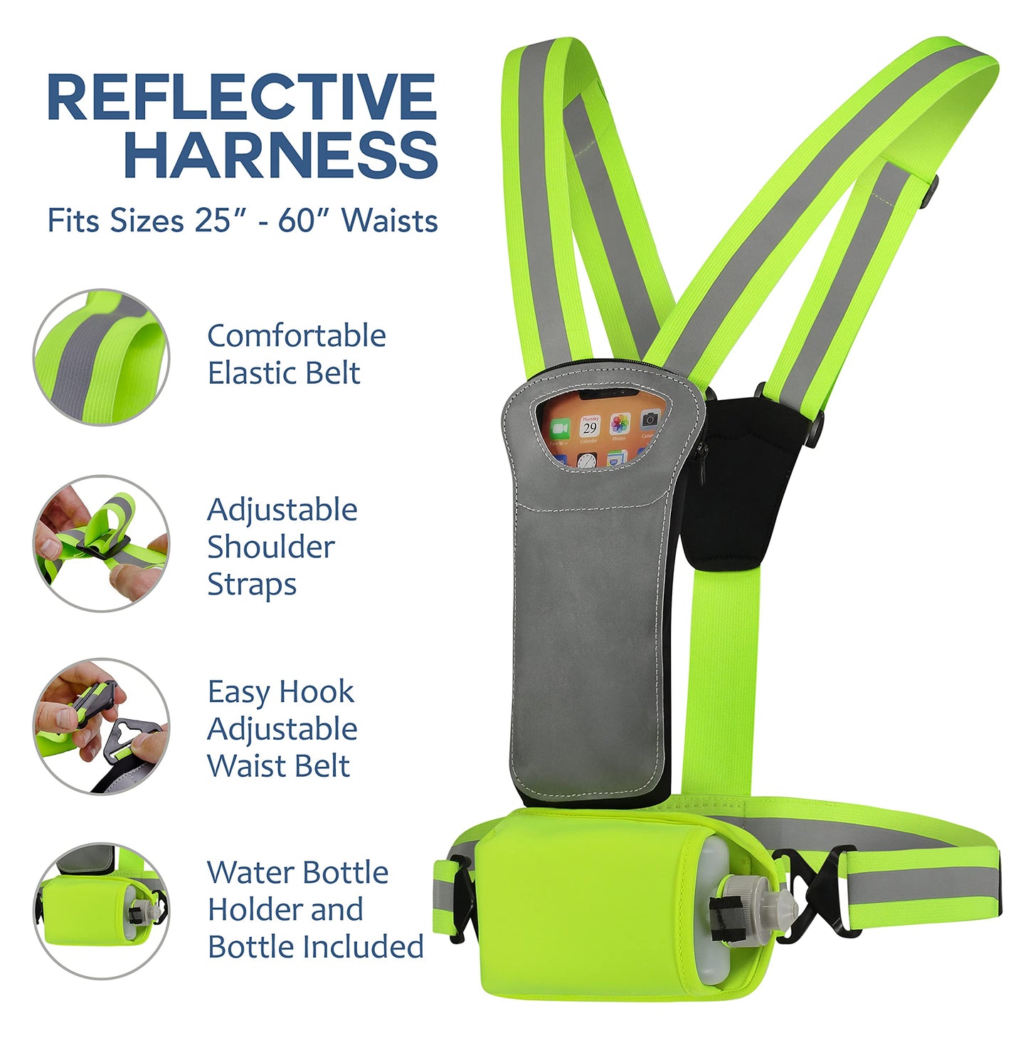 Athlé Reflective Vest with Water Bottle Holder and Phone Holder - Running Hydration Vest - High Visibility Vest - BPA-Free Water Bottle Included