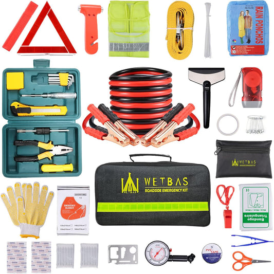 Car Roadside Emergency Kit, Auto Vehicle Safety Emergency Road Side Assistance Kits Essentials, Solenoid Starter Repair Kit with Jumper Cables, Safety Hammer, Reflective Warning Triangle