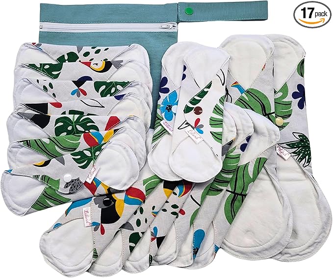 Lilind® 17 Pack Jumbo Set Organic Cloth Pads, Reusable Washable Menstrual Family Cloth, Zero Waste 100% Cotton, Random Flowers prints