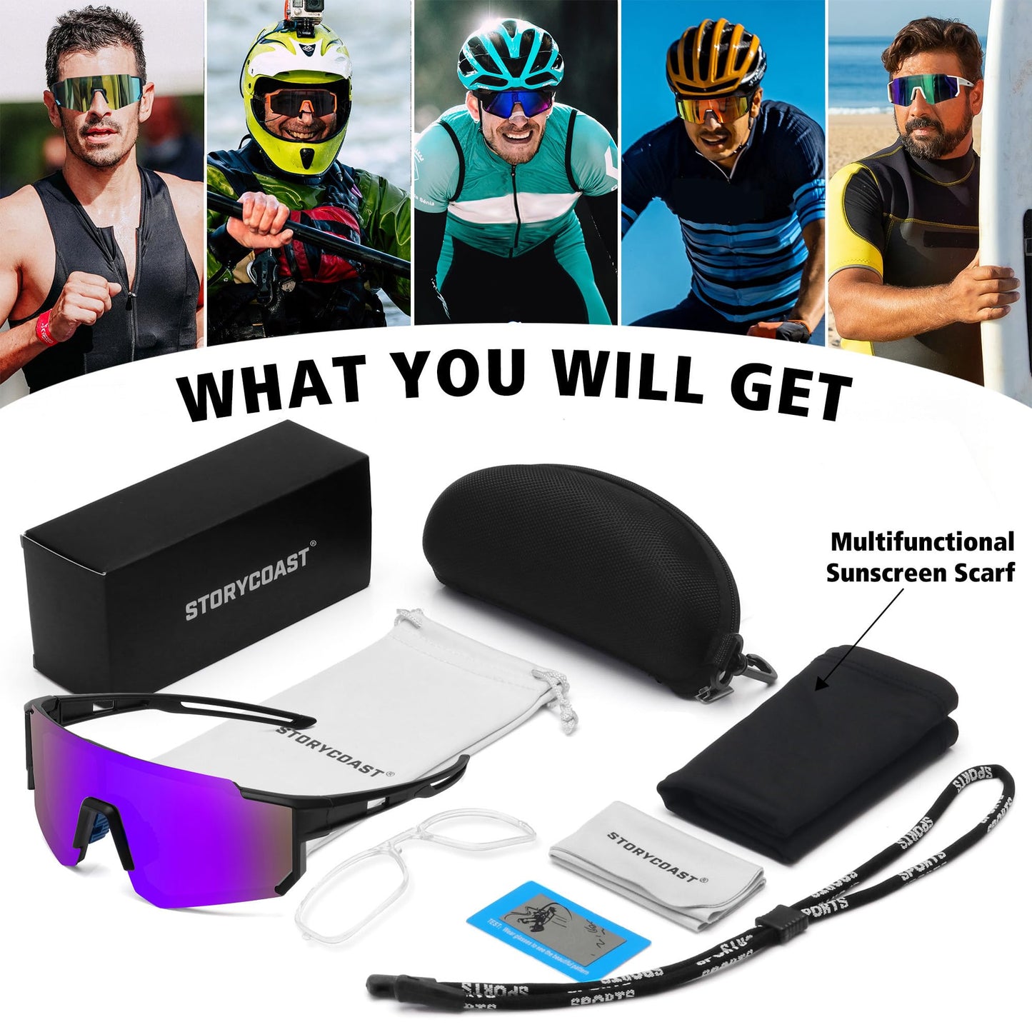 STORYCOAST Polarized Sports Sunglasses for Men Women,Bike Glasses Driving Fishing Cycling Mountain Bike Sunglasses UV400 Protection Black Frame-Purple Mirror Lens